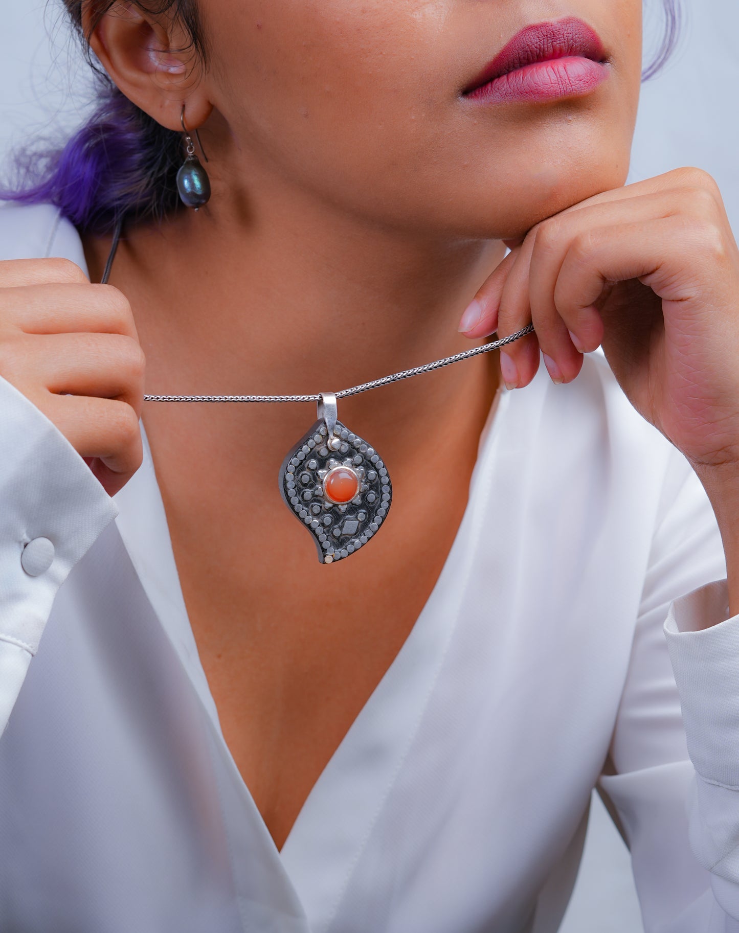 Silver Oak Leaf Pendant with Carnelian