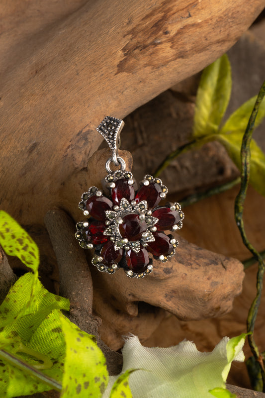 The Silver Garnet Flower Pendant