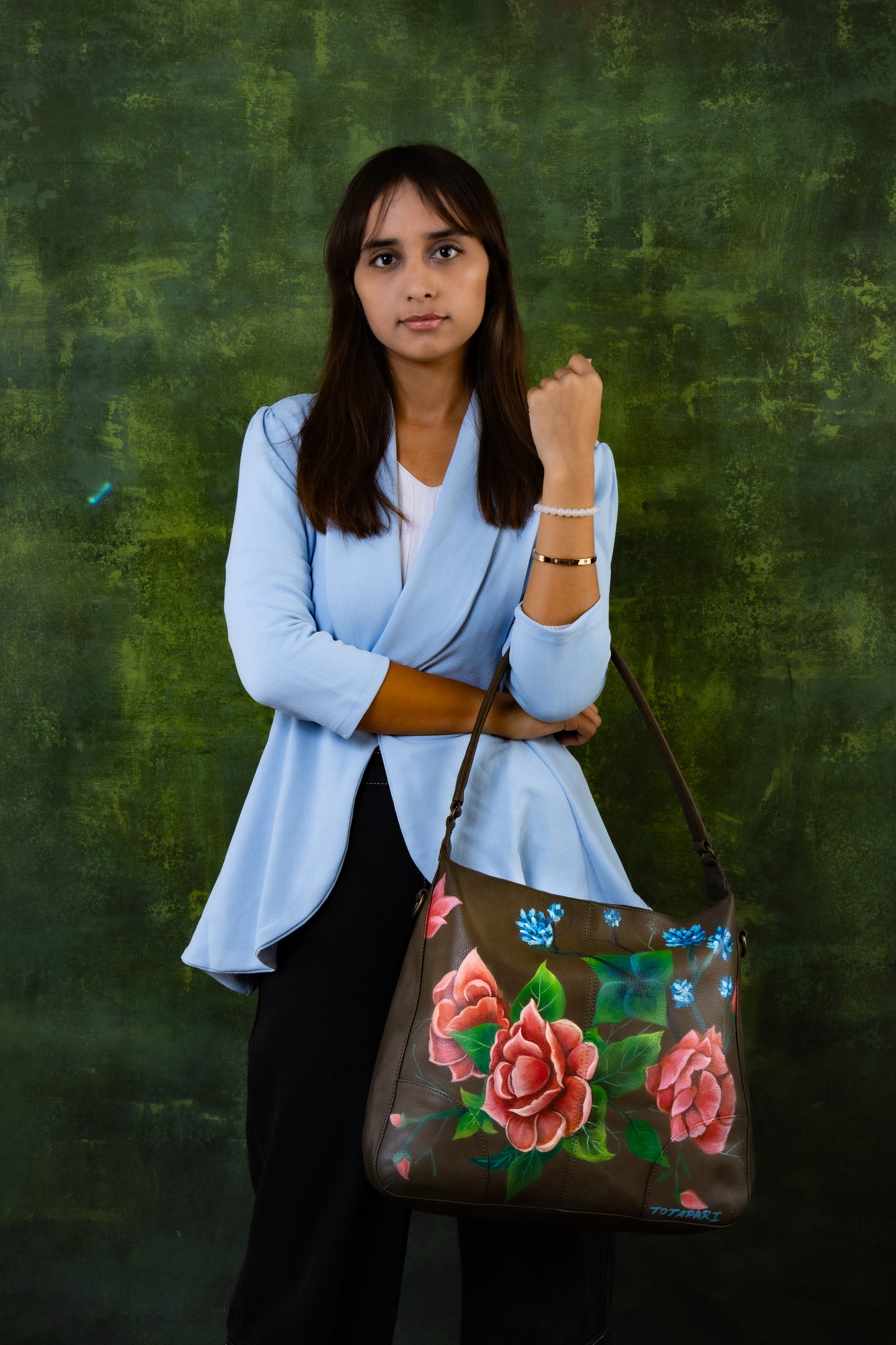 Hand Painted "Rose Garden" Leather Hobo Bag