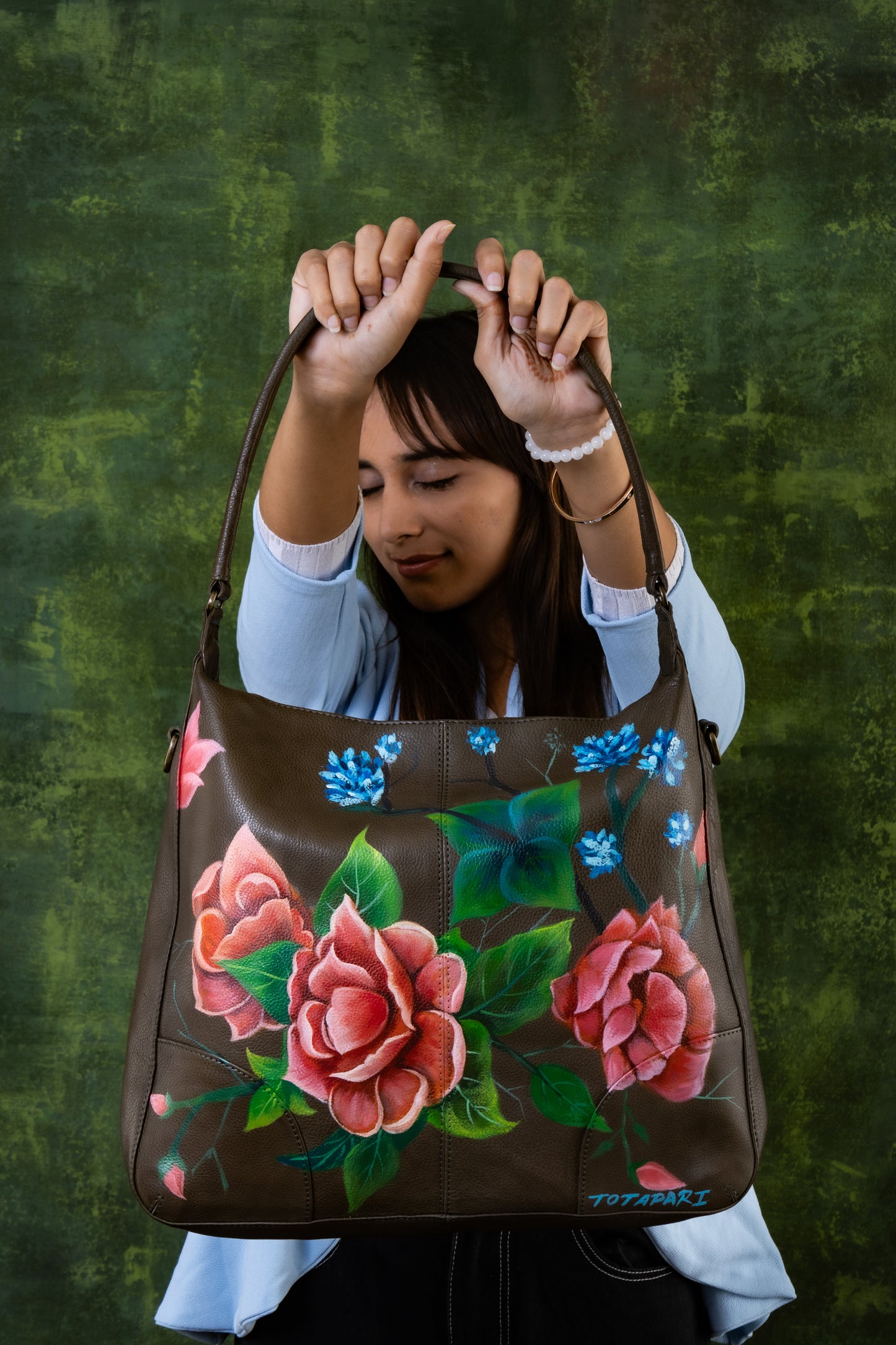 Hand Painted "Rose Garden" Leather Hobo Bag