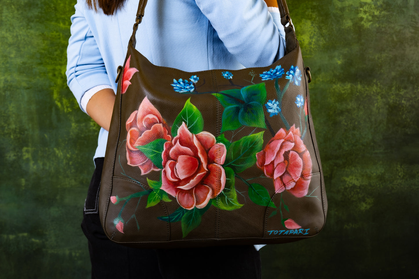 Hand Painted "Rose Garden" Leather Hobo Bag