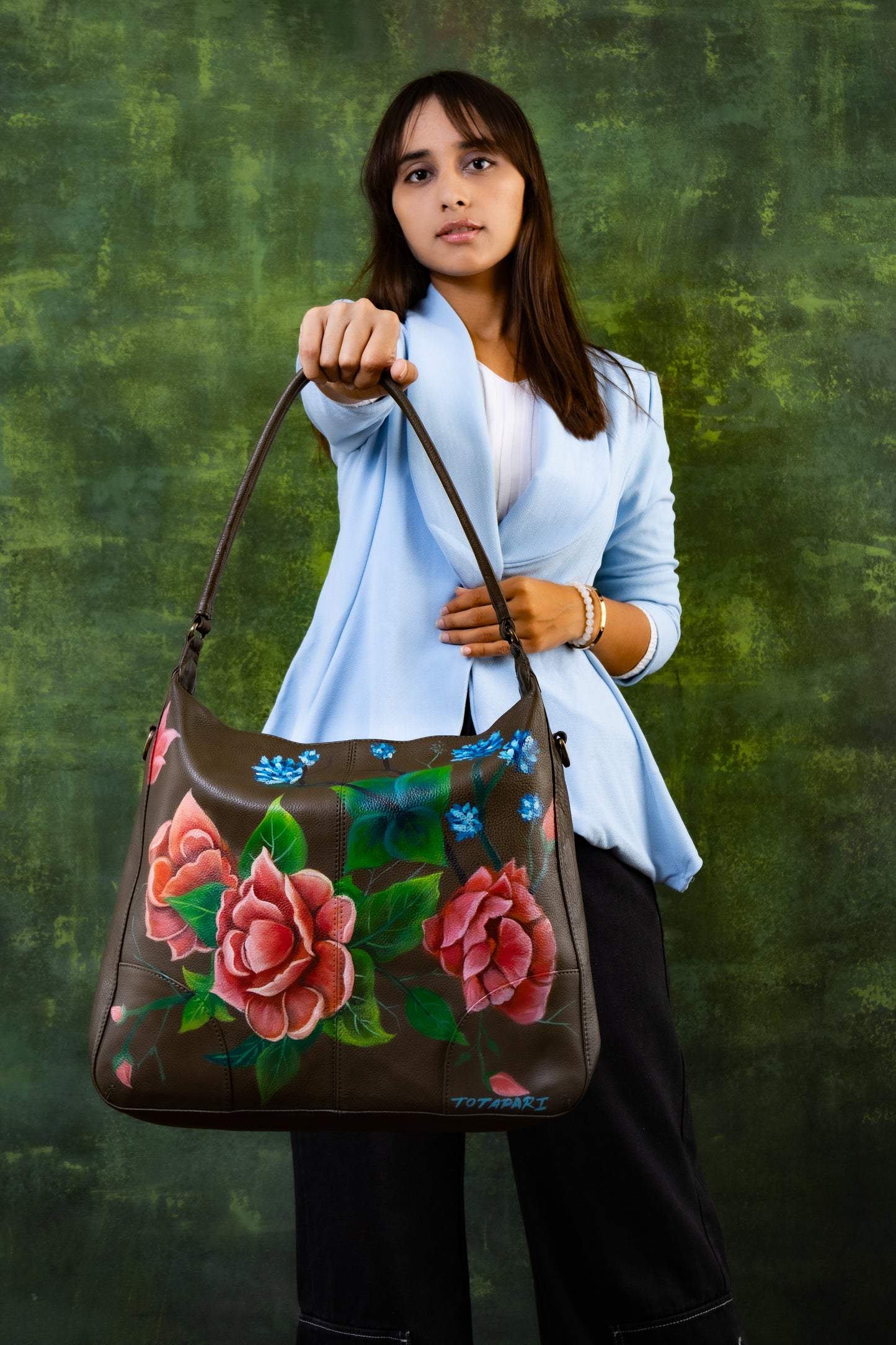 Hand Painted "Rose Garden" Leather Hobo Bag