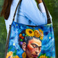 Hand Painted " Frieda And Sunflowers" Leather Hobo Bag