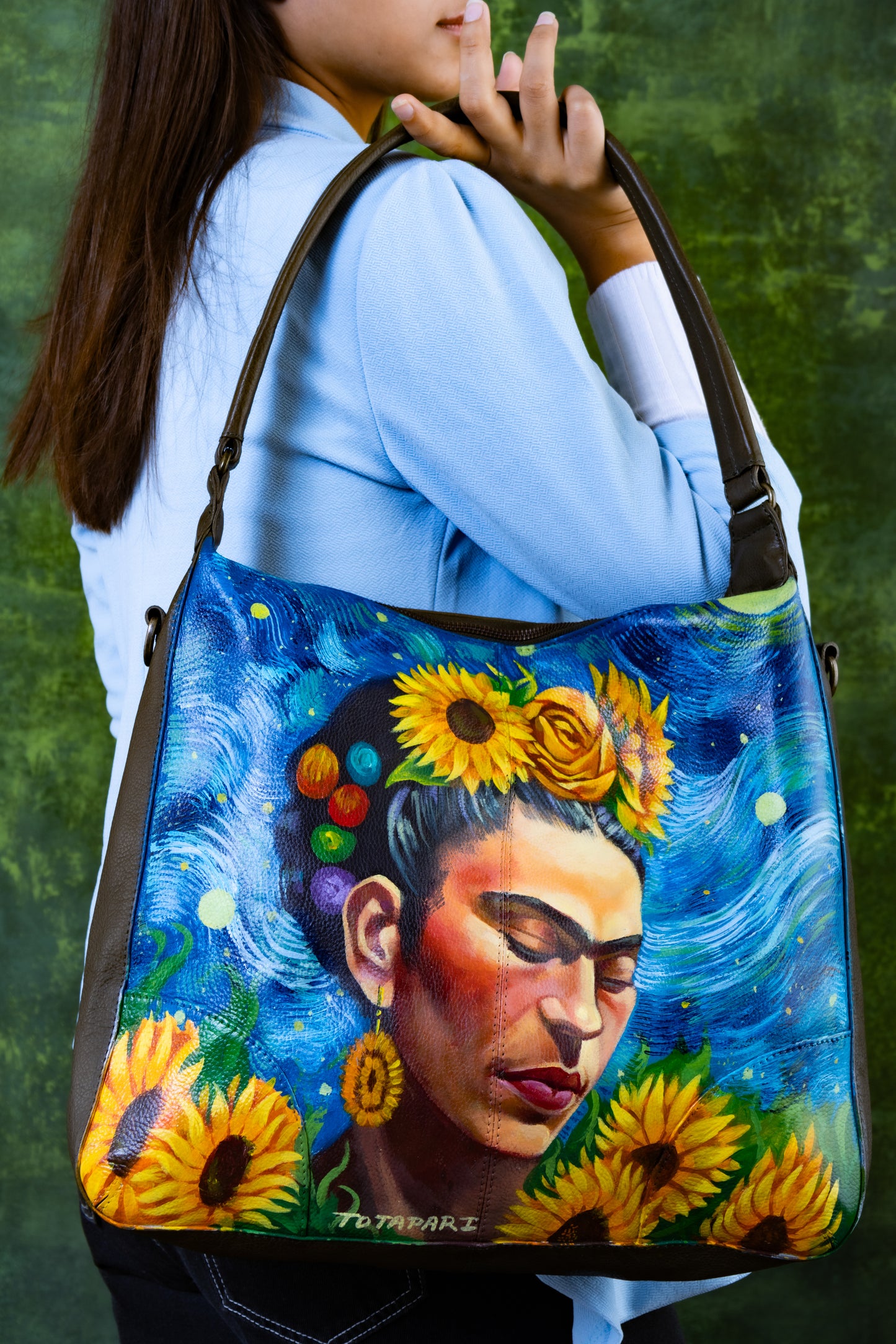 Hand Painted " Frieda And Sunflowers" Leather Hobo Bag