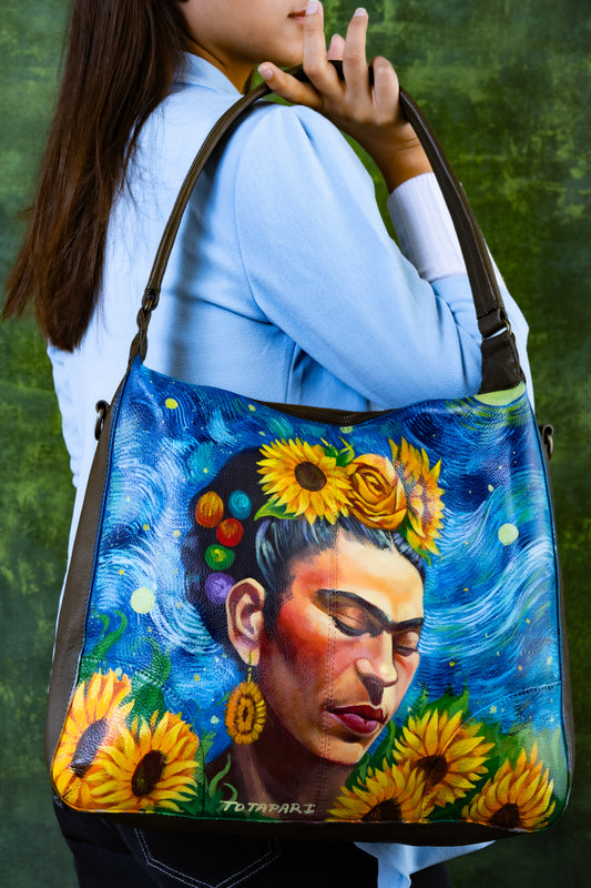 Hand Painted " Frieda And Sunflowers" Leather Hobo Bag