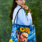 Hand Painted " Frieda And Sunflowers" Leather Hobo Bag