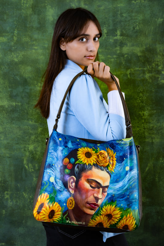 Hand Painted " Frieda And Sunflowers" Leather Hobo Bag