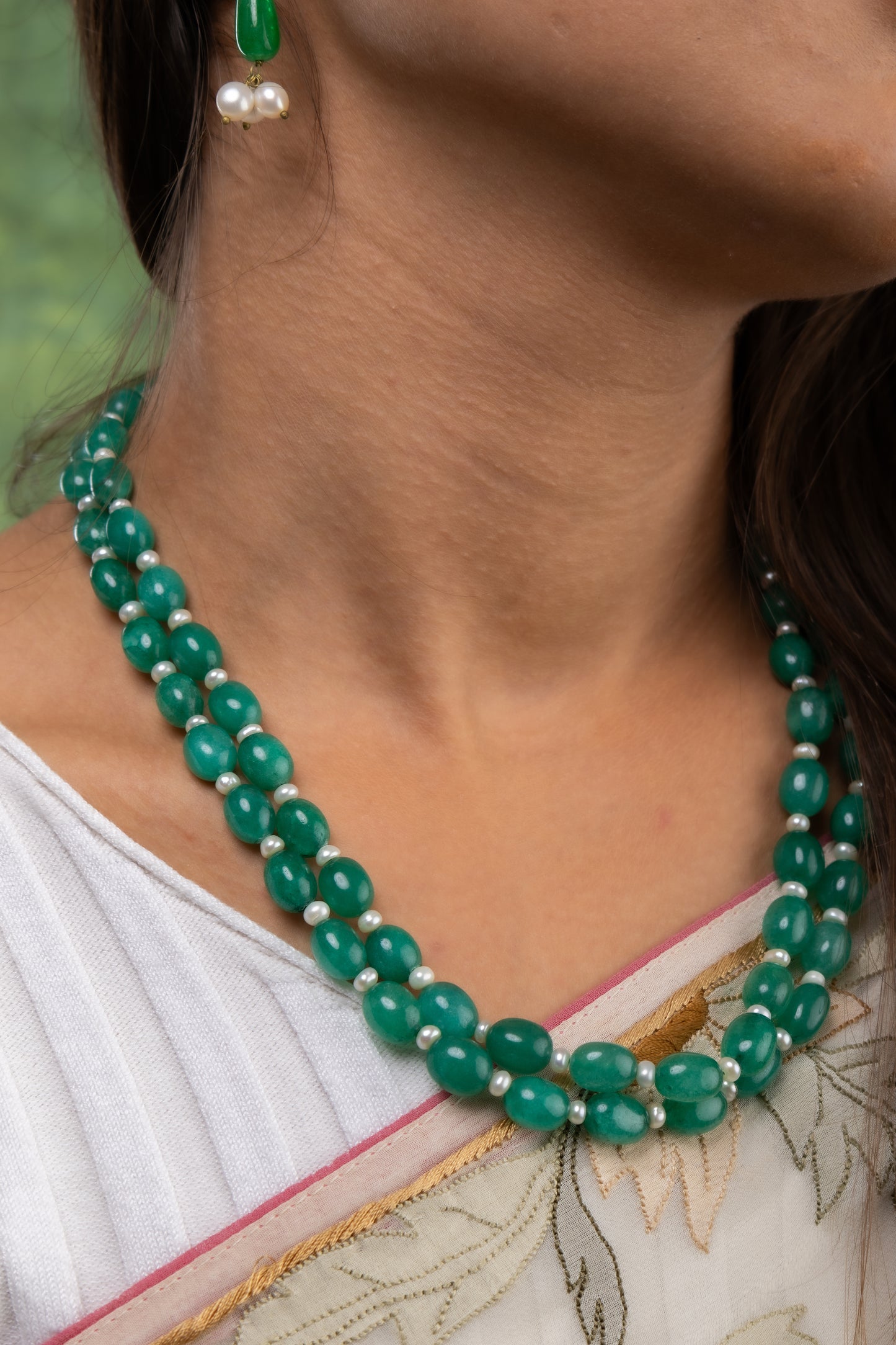 Emerald Green and Pearls Necklace Set