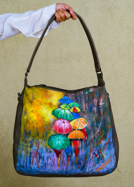 "A Rainy Day" Hand painted Leather Hobo Bag