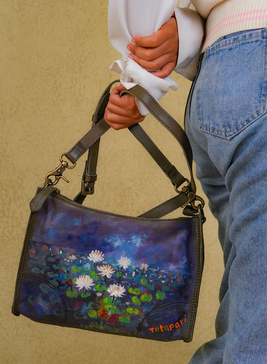 "Lotus Pond" Hand Painted Crossbody Bag