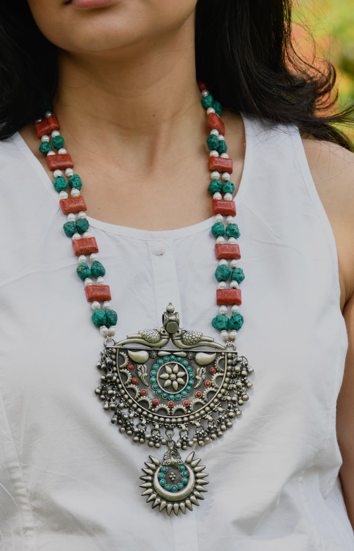 Silver Coral and Turquoise Designer Necklace