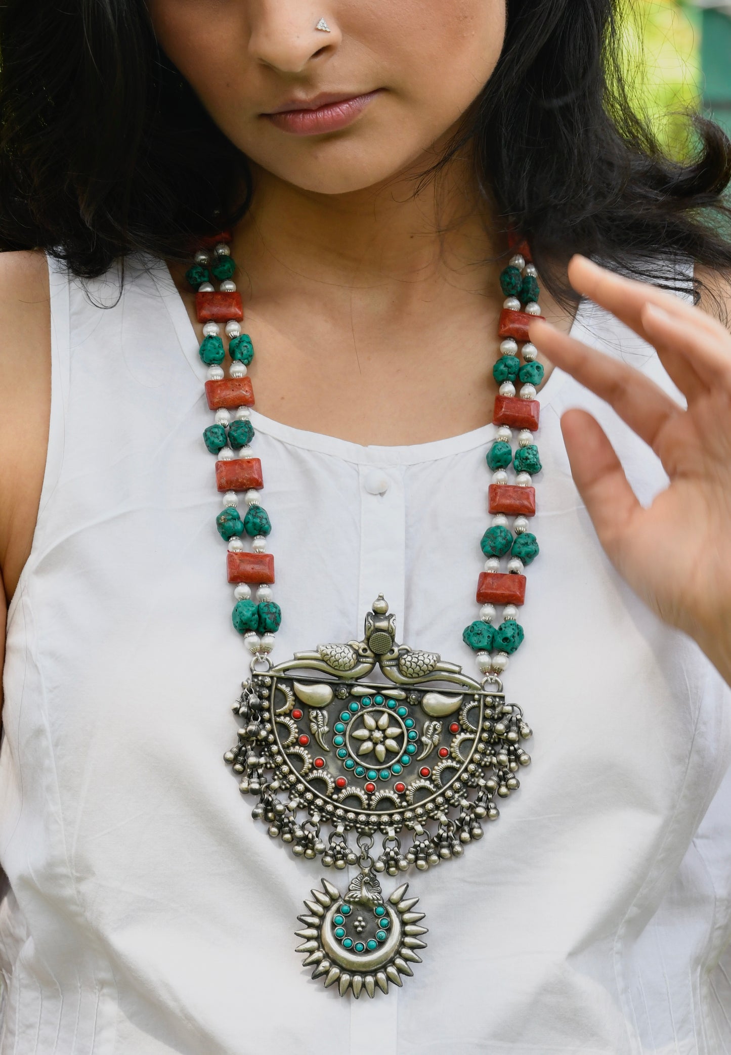 Silver Coral and Turquoise Designer Necklace