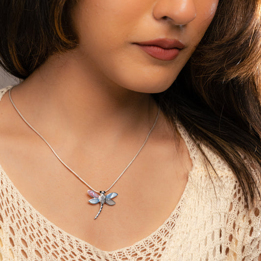 Multi colour MOP Dragon Fly And Silver Pendant