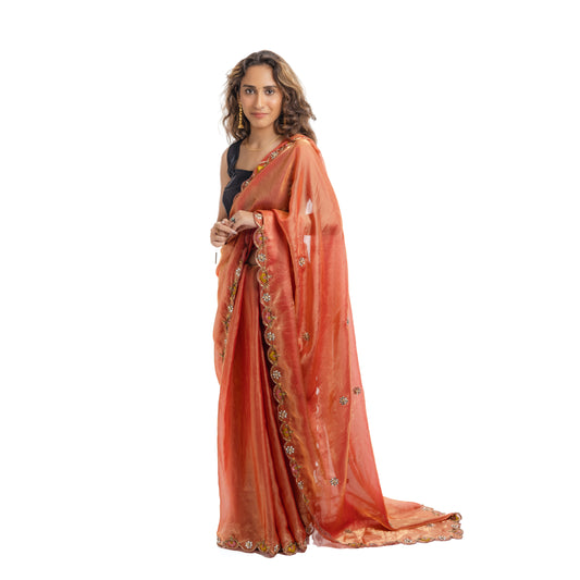 Rust Orange Hand Embroidered Sequin Sari