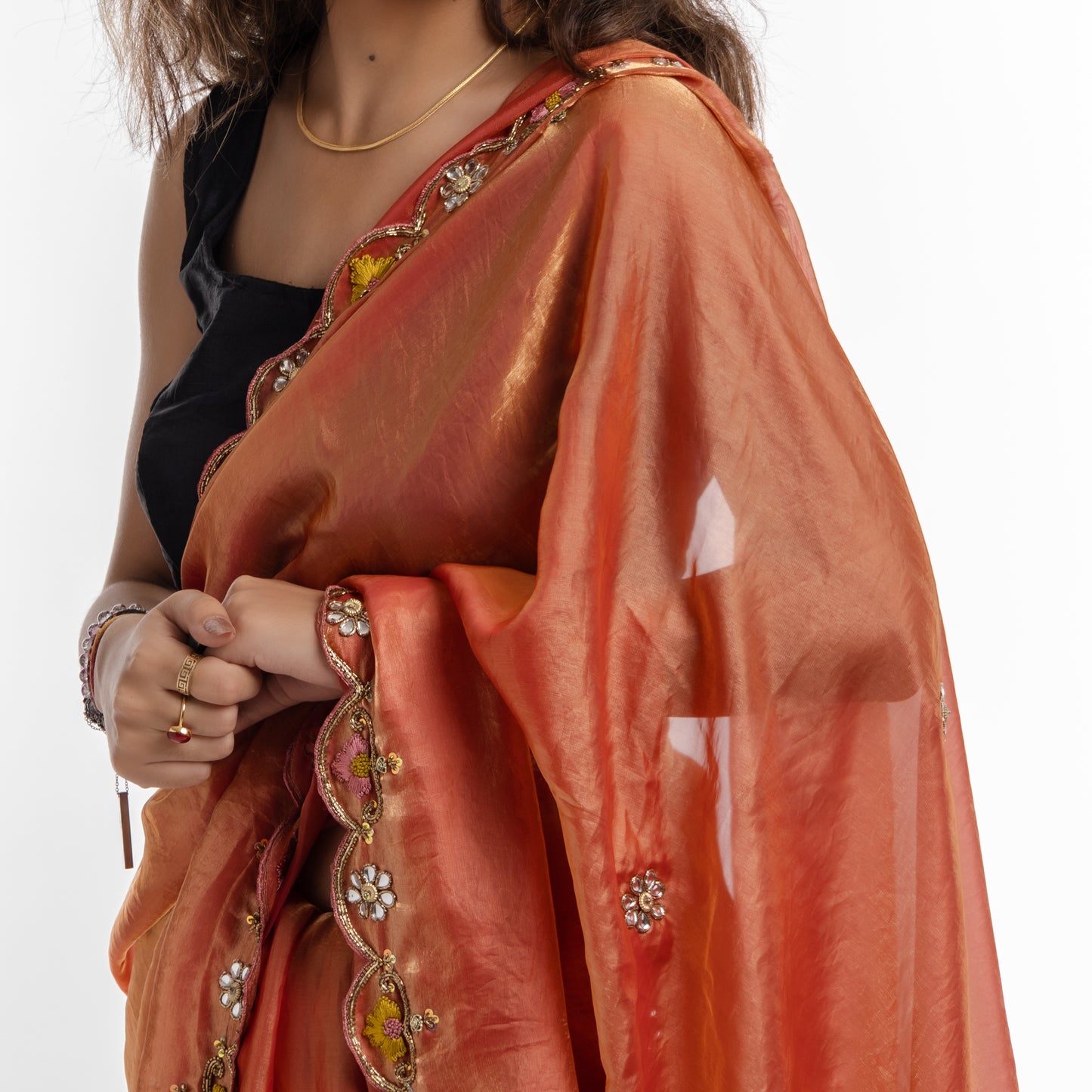 Rust Orange Hand Embroidered Sequin Sari