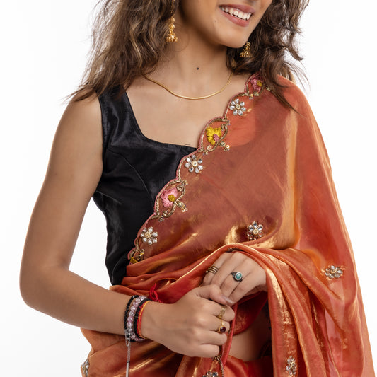 Rust Orange Hand Embroidered Sequin Sari