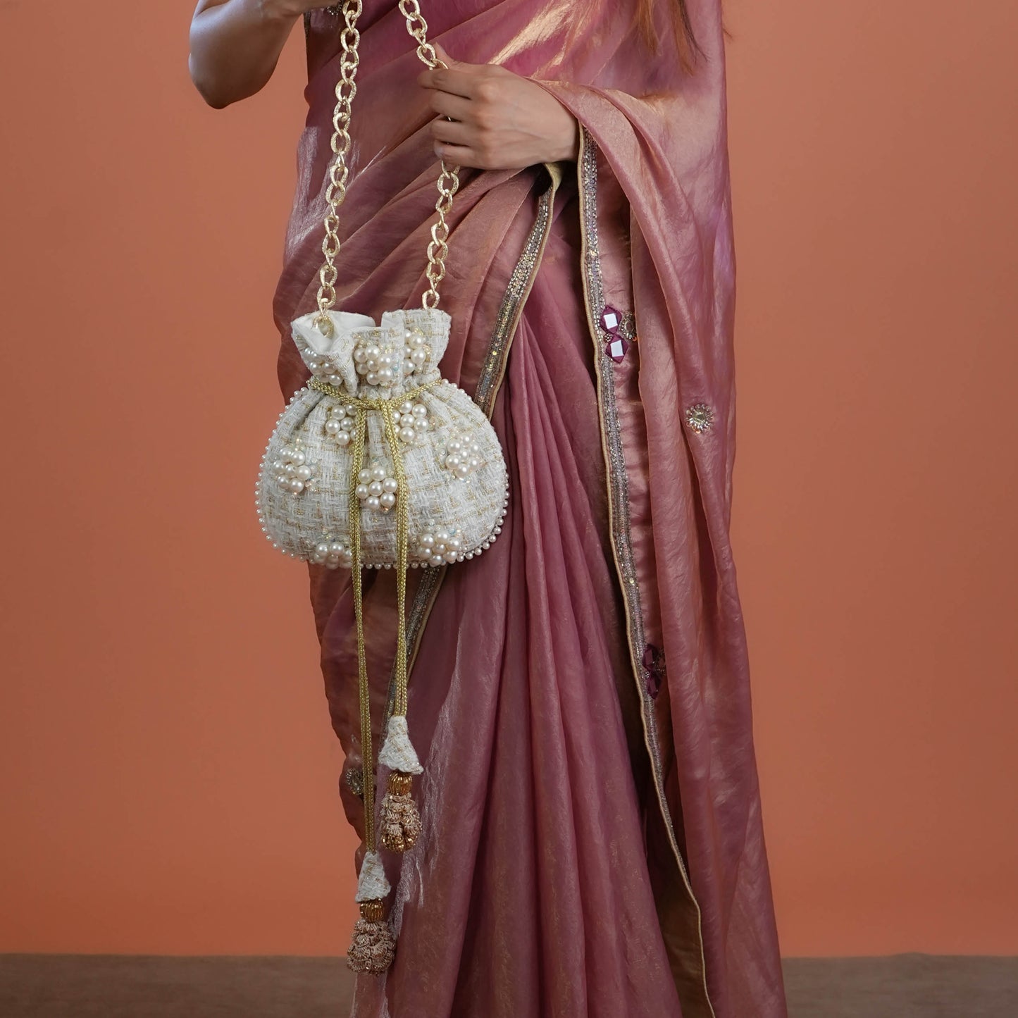 Pearl White Hand Embroidered Silk Potli