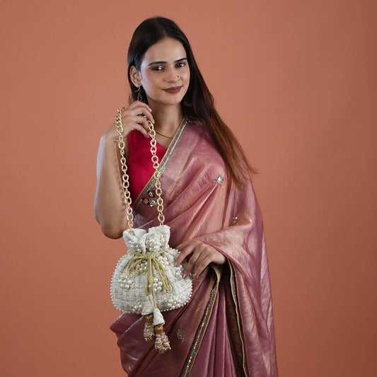 Pearl White Hand Embroidered Silk Potli