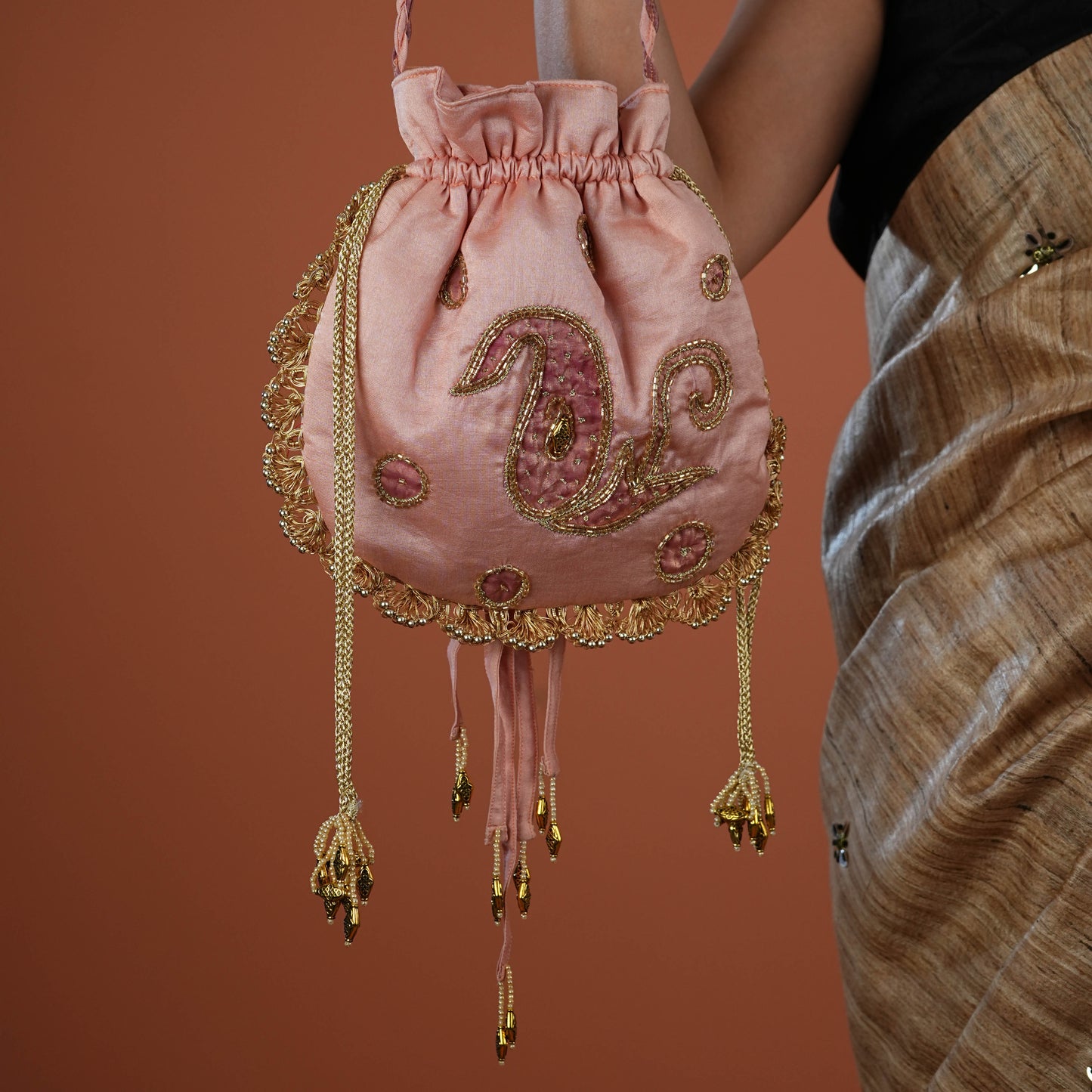 Peach Royal Zardozi Hand Embroidered Potli