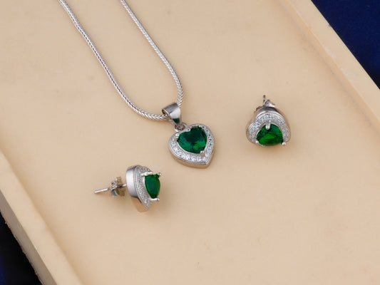 Silver Emerald Heart Pendant Set