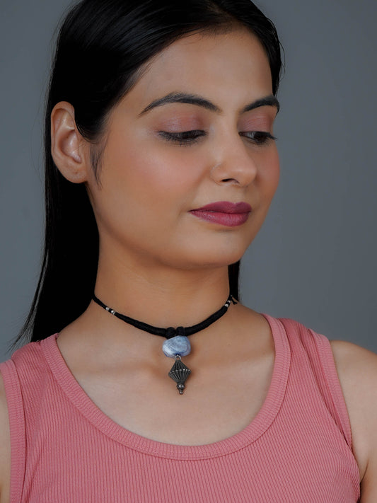 Silver Drop In Black Thread Necklace