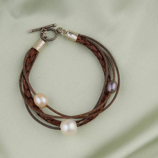 Silver Pearl Leather Bracelet