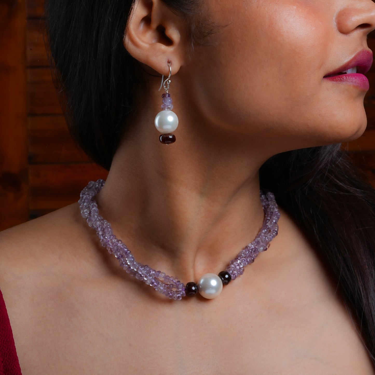 Amethyst Multi Strand Pearl Pendant Necklace Set