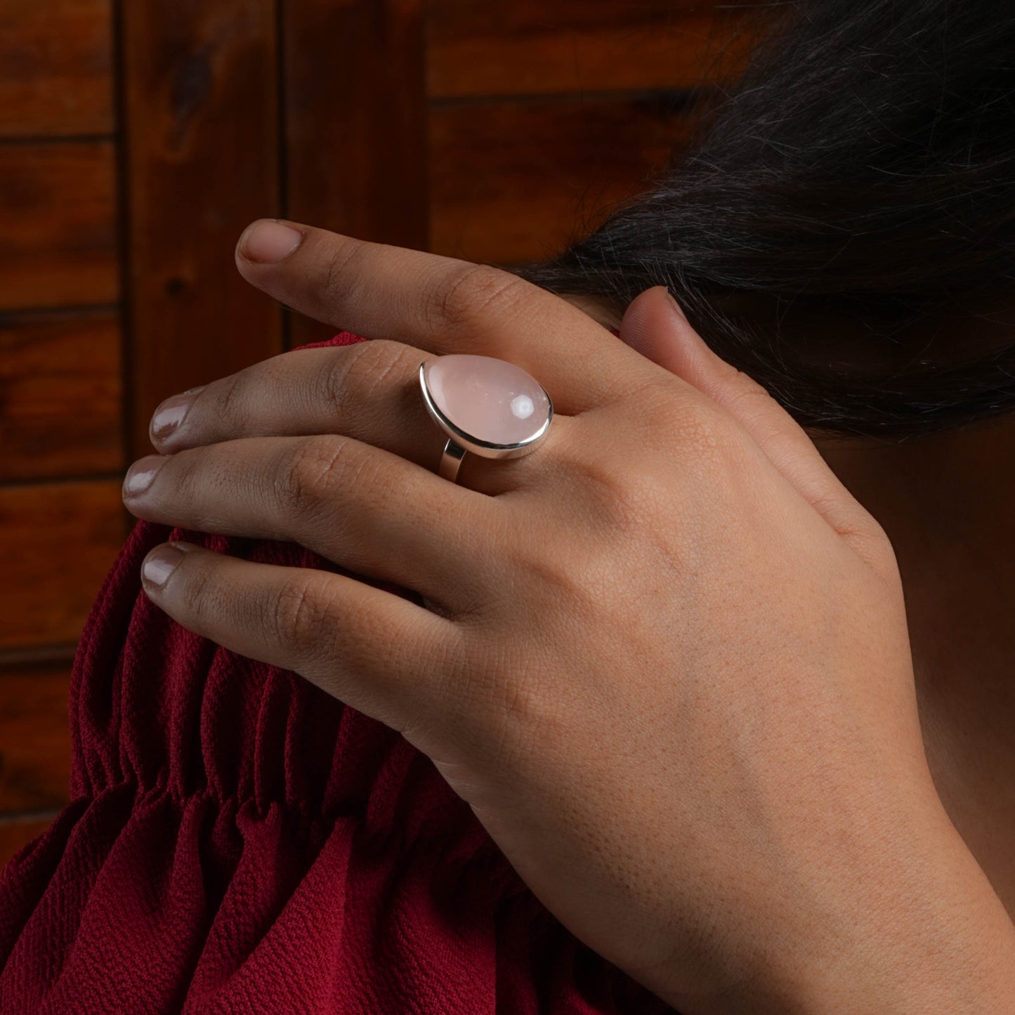 Natural Rose Quartz Tear Drop Silver Ring