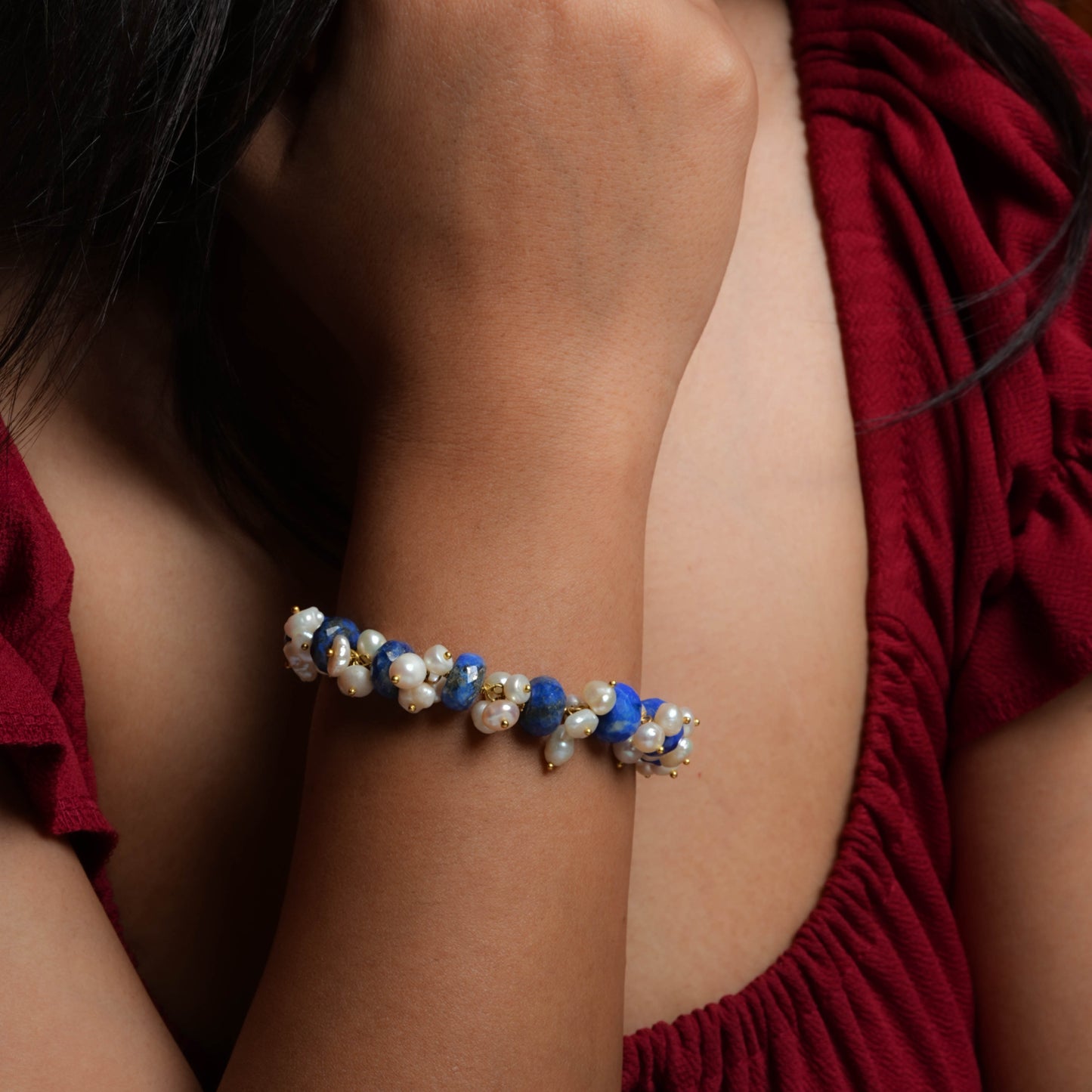 Faceted Lapis And Freshwater Pearls Bracelet