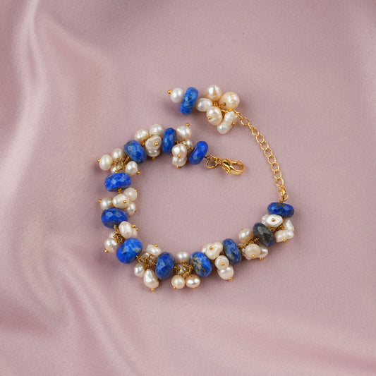 Faceted Lapis And Freshwater Pearls Bracelet