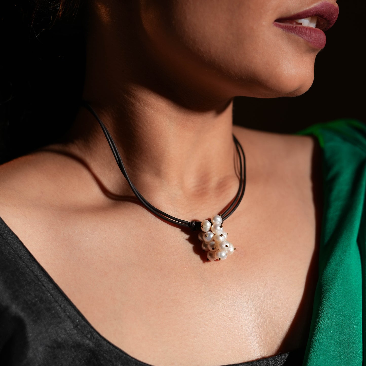 Leather And Pearl Bunch Necklace