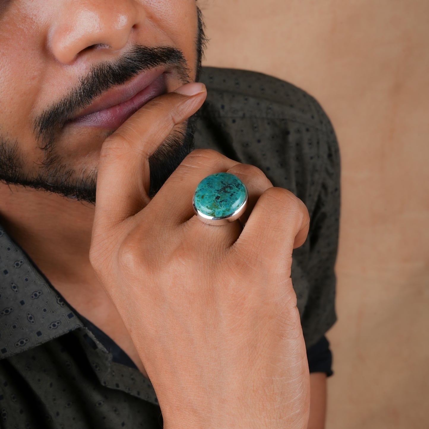 Teal Horizon Round Chrysocolla Silver Ring