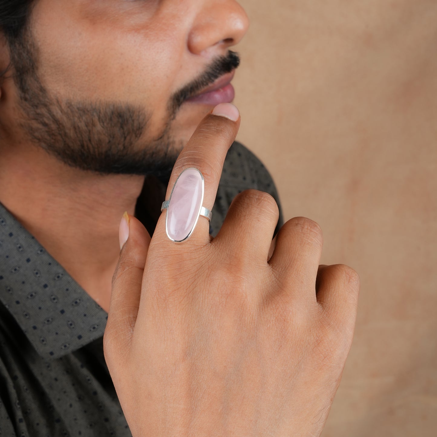 Natural Rose Quartz Oval Silver Ring