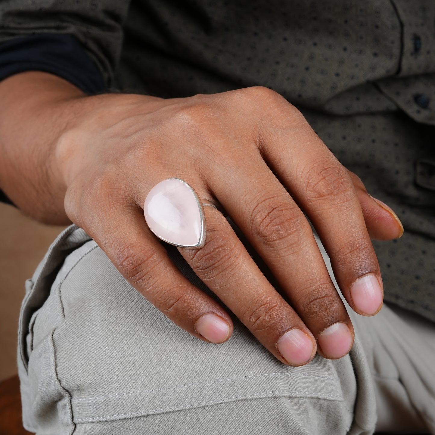 Natural Rose Quartz Drop Silver Ring