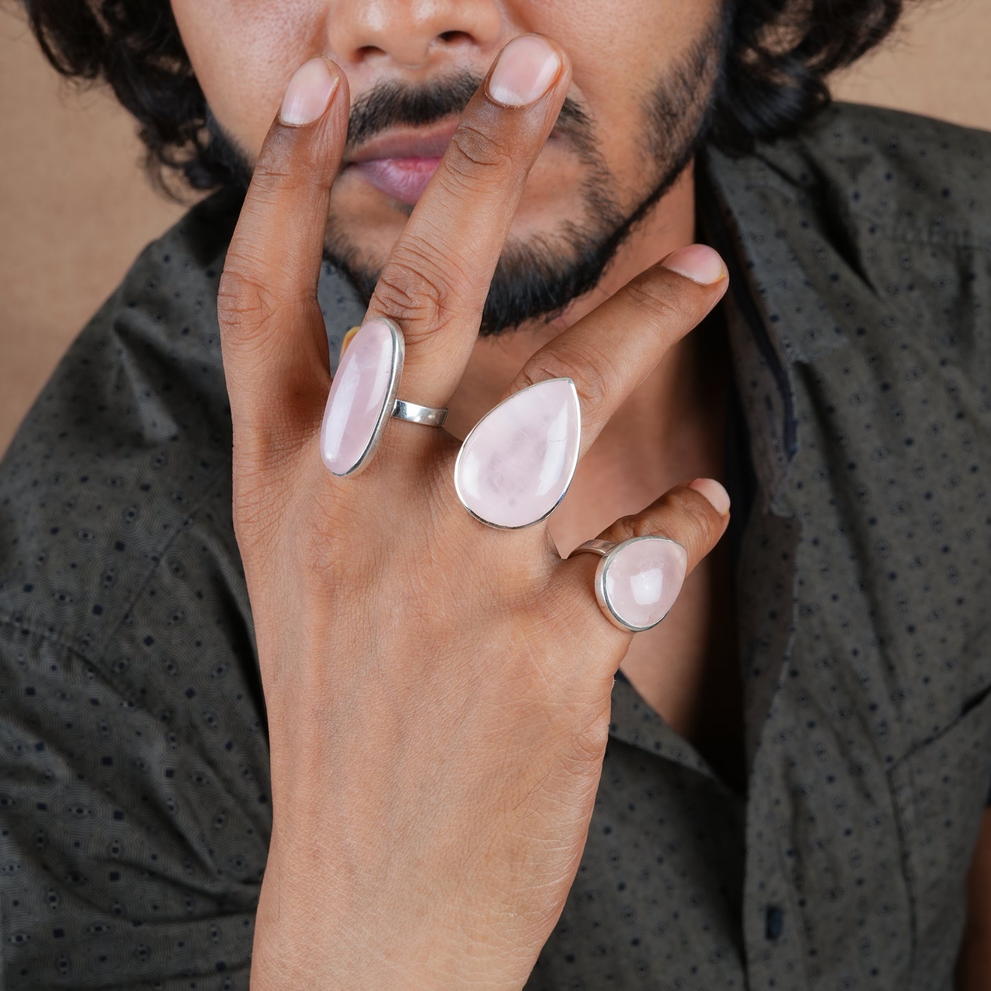 Natural Rose Quartz Tear Drop Silver Ring