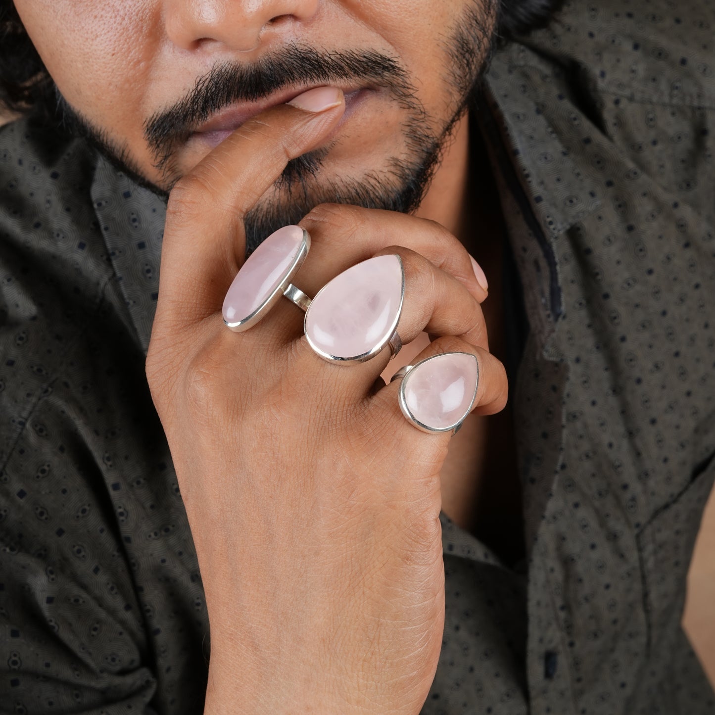 Natural Rose Quartz Oval Silver Ring