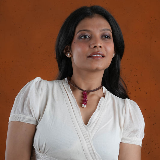 Pink Onyx Melons And pearl Leather Necklace