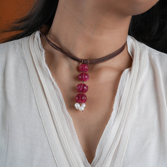 Pink Onyx Melons And pearl Leather Necklace