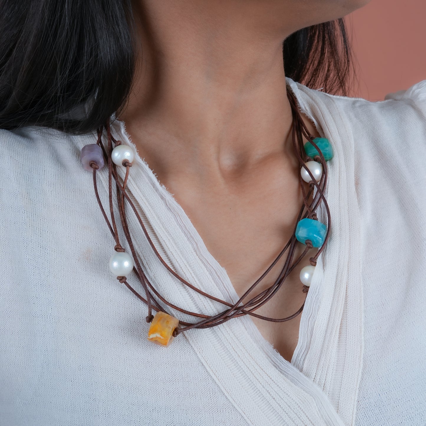 Unique Multilayer Freshwater Pearl Agates And Leather Necklace