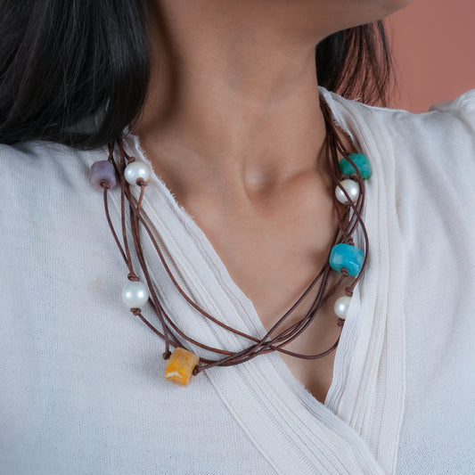 Unique Multilayer Freshwater Pearl Agates And Leather Necklace
