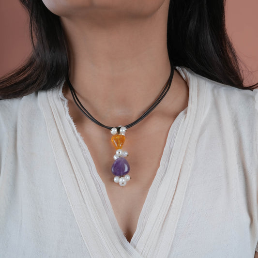 Pearl Amber Amethyst Leather Necklace