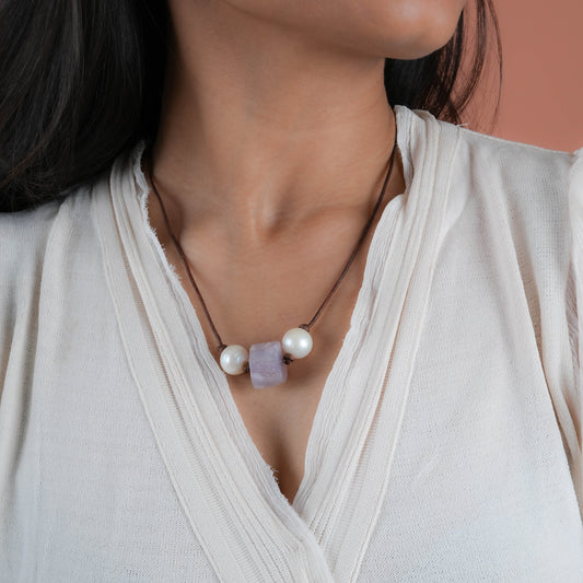 Pearl And Violet Leather Necklace