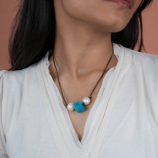 Pearl And Teal Leather Necklace