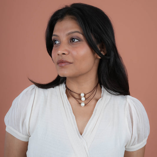 Trilayered Freshwater Pearl And Leather Necklace