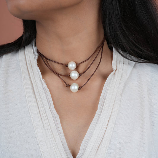 Trilayered Freshwater Pearl And Leather Necklace