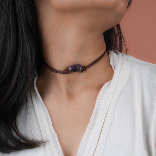 Amethyst Drop Leather Necklace
