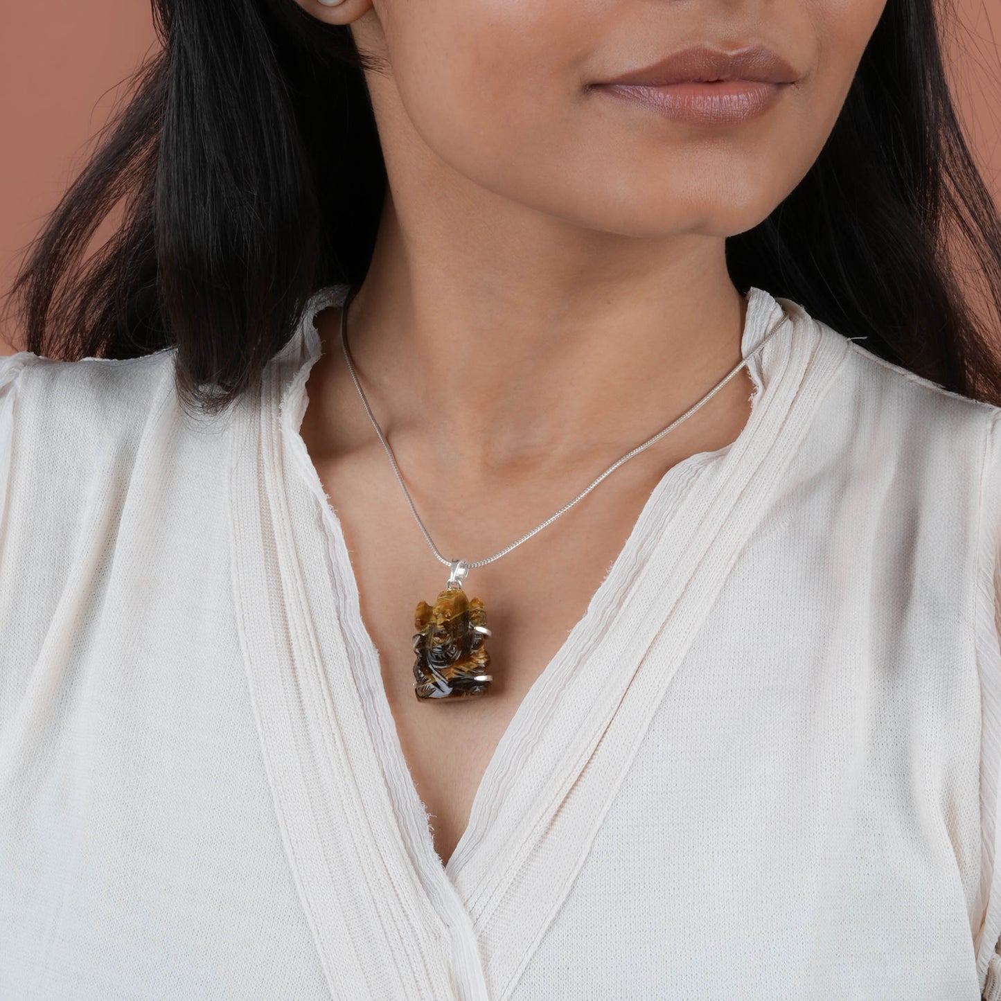 Tiger Stone Lord Ganesha Silver Pendant