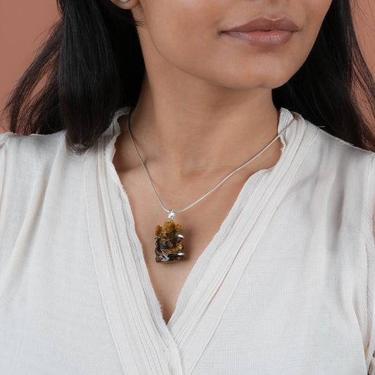 Tiger Stone Lord Ganesha Silver Pendant