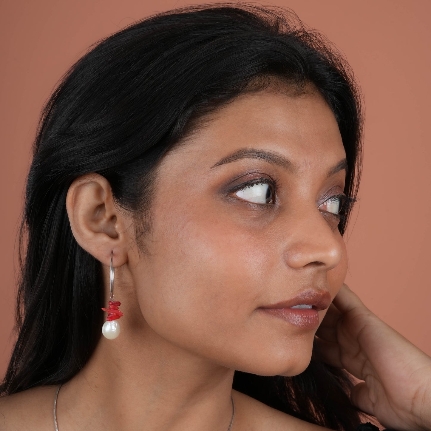 Pearl Coral Drops In Silver Rings