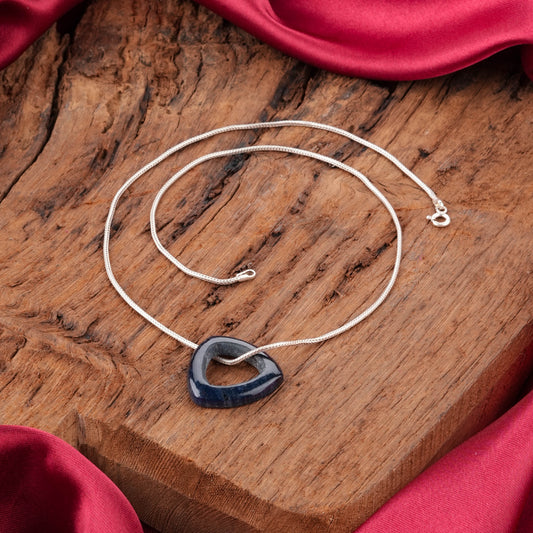 Carved Lapis Lazuli Triangle Silver Necklace